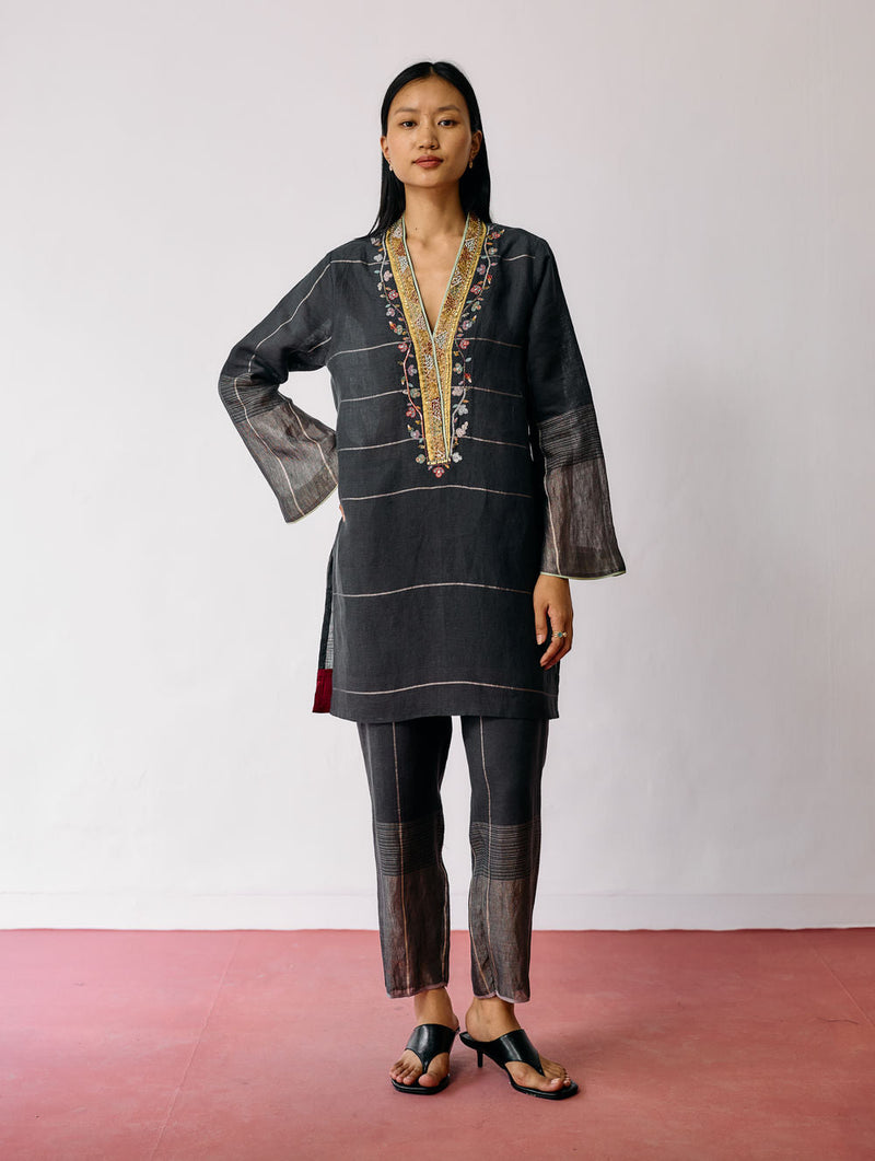 Nila Tapered Metallic Linen Pants-Charcoal linen pant/trousers by Manan in black for women in Singapore