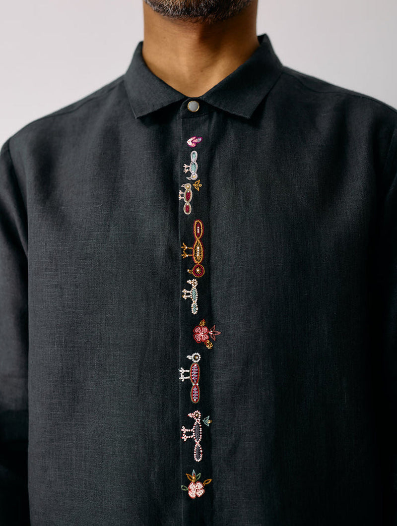 Ved Hand-Embroidered Bird Shirt-Charcoal linen shirt by Manan Men in charcoal for men in Singapore