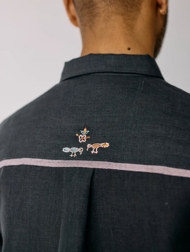 Ved Hand-Embroidered Bird Shirt-Charcoal linen shirt by Manan Men in charcoal for men in Singapore