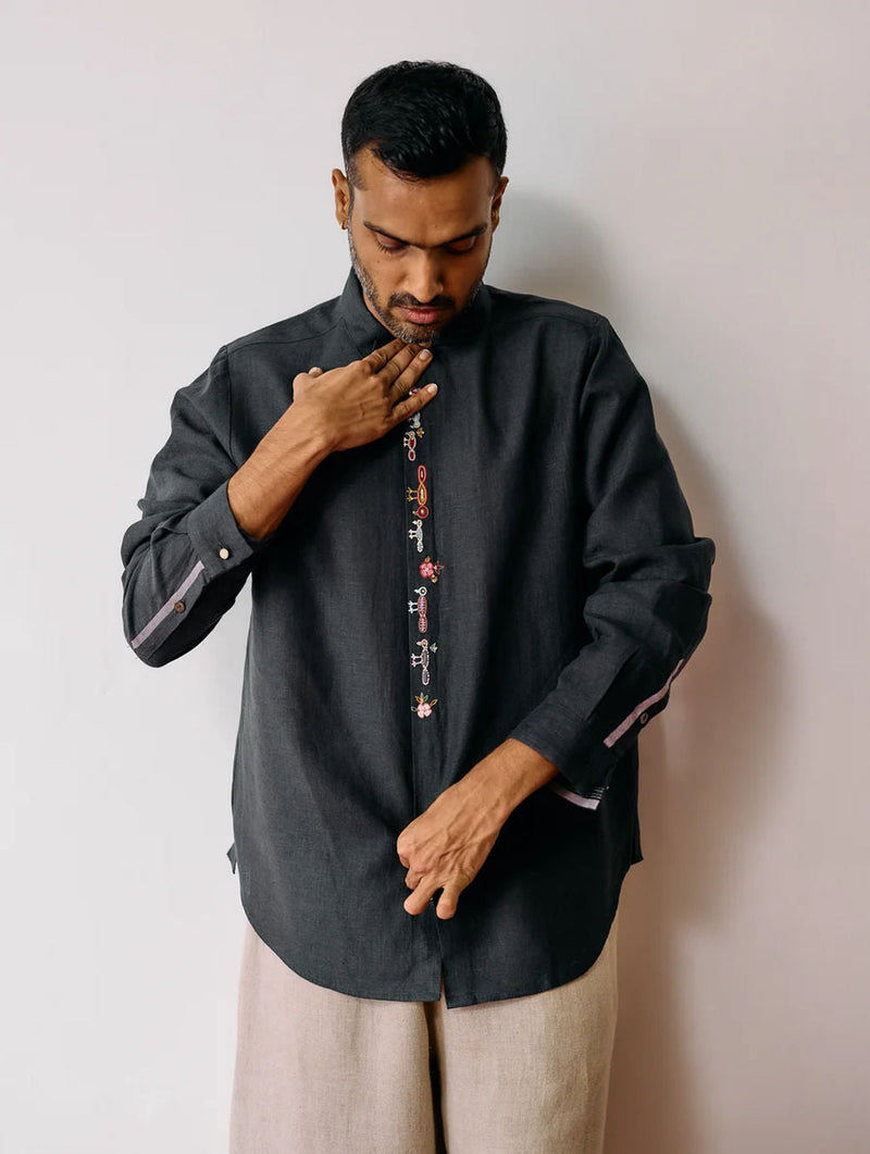 Ved Hand-Embroidered Bird Shirt-Charcoal linen shirt by Manan Men in charcoal for men in Singapore