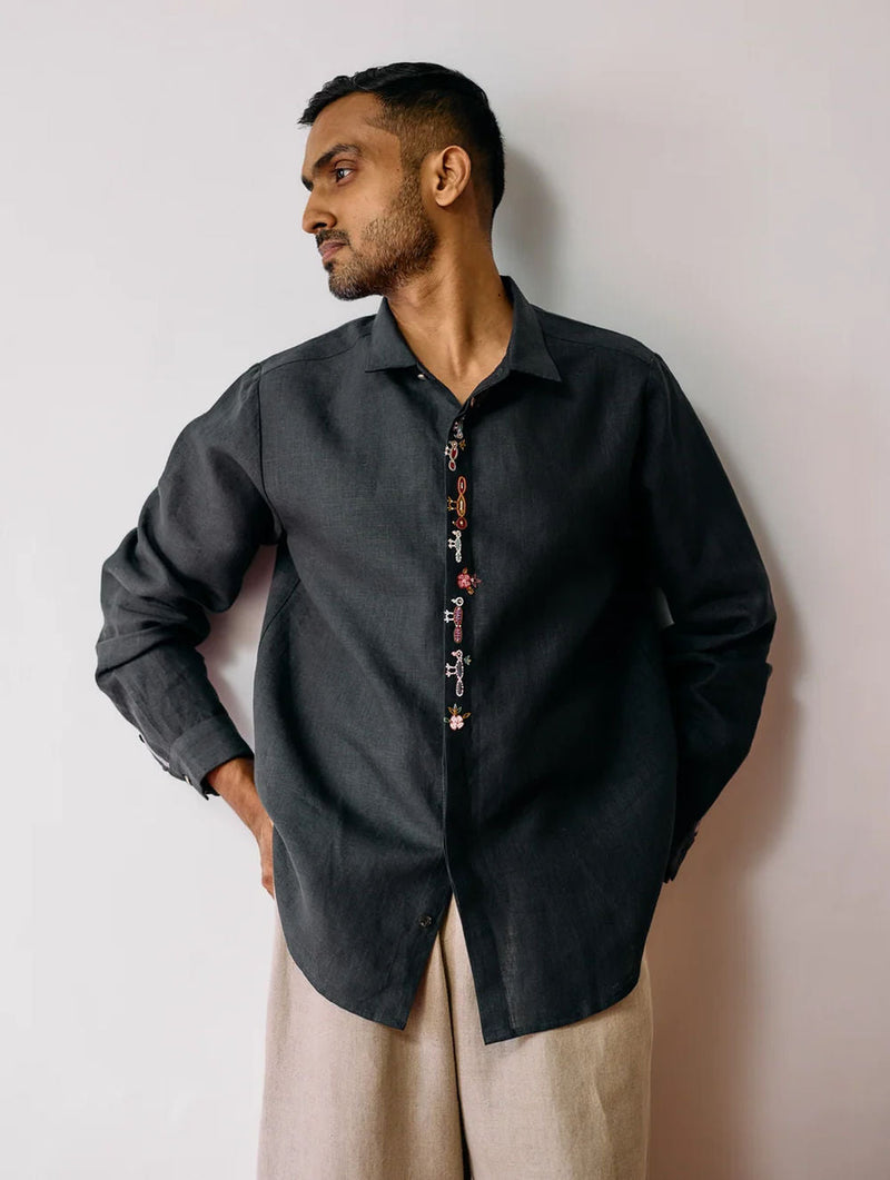 Ved Hand-Embroidered Bird Shirt-Charcoal linen shirt by Manan Men in charcoal for men in Singapore