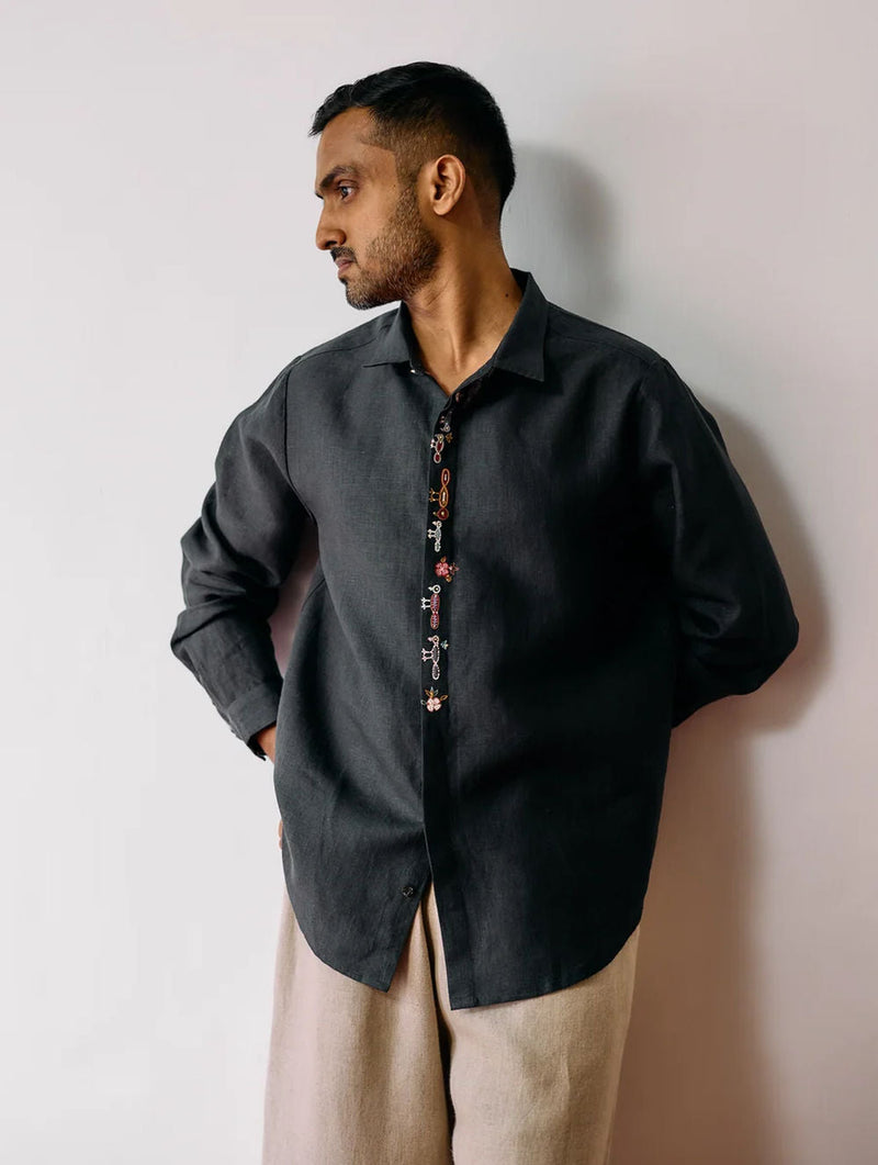 Ved Hand-Embroidered Bird Shirt-Charcoal linen shirt by Manan Men in charcoal for men in Singapore