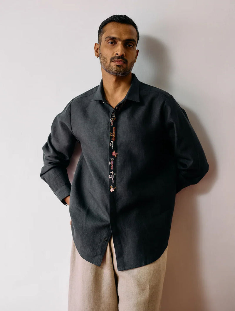 Ved Hand-Embroidered Bird Shirt-Charcoal linen shirt by Manan Men in charcoal for men in Singapore