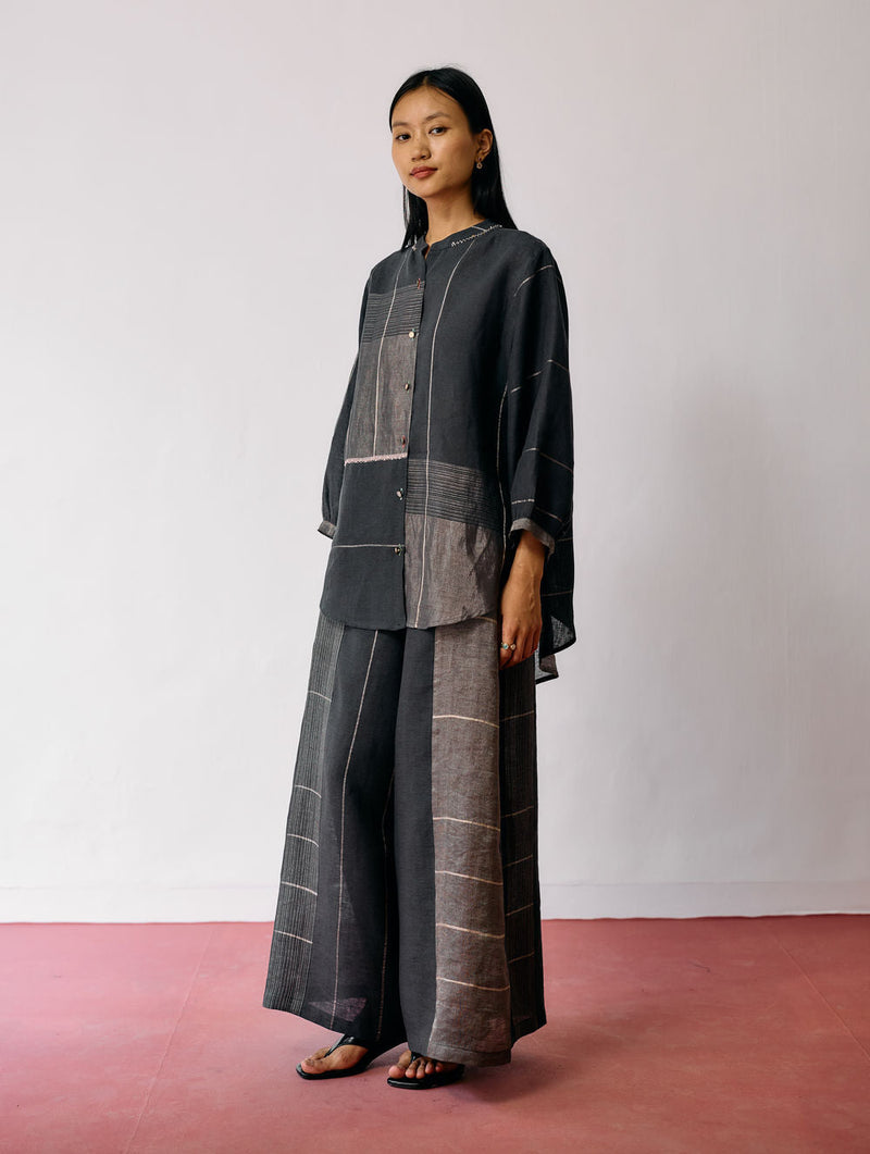 Rin Metallic Linen Co-ord-Charcoal linen co-ord set by Manan in black for women in Singapore