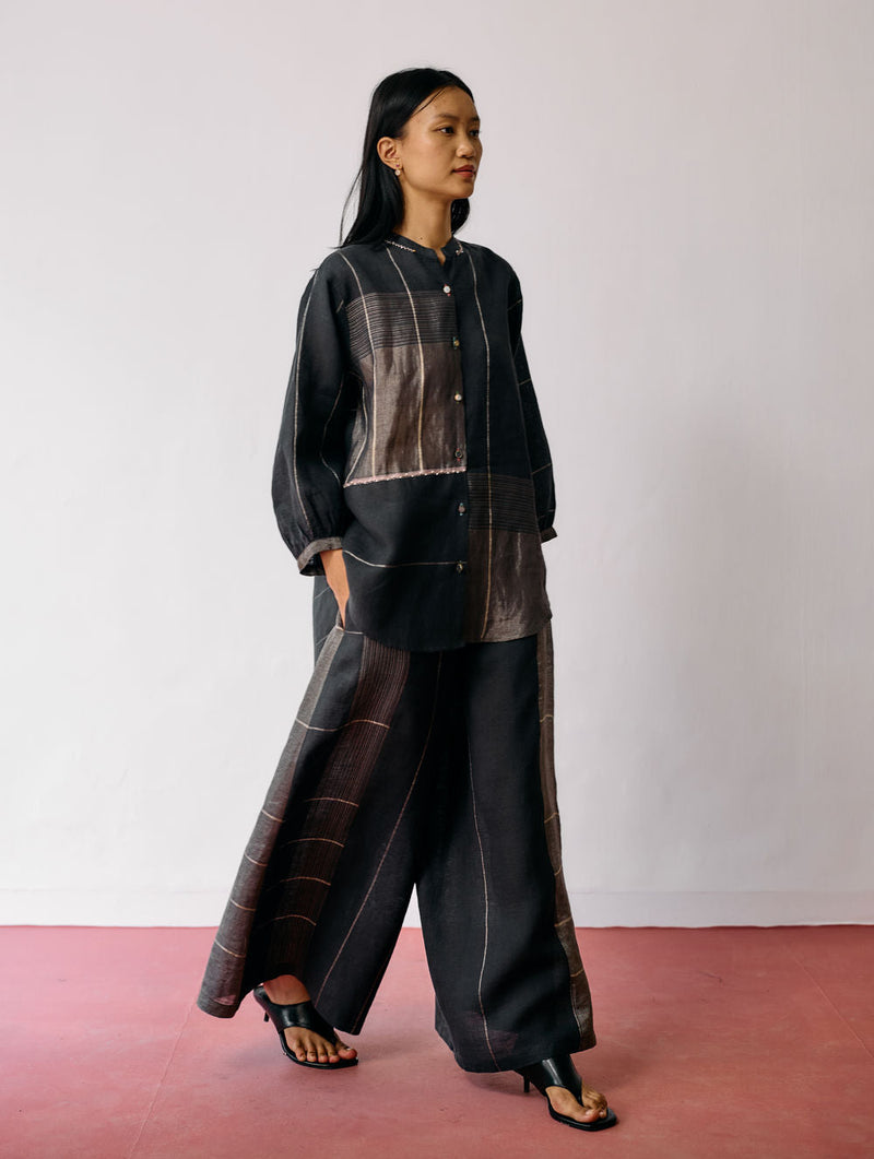 Rin Metallic Linen Co-ord-Charcoal linen co-ord set by Manan in black for women in Singapore
