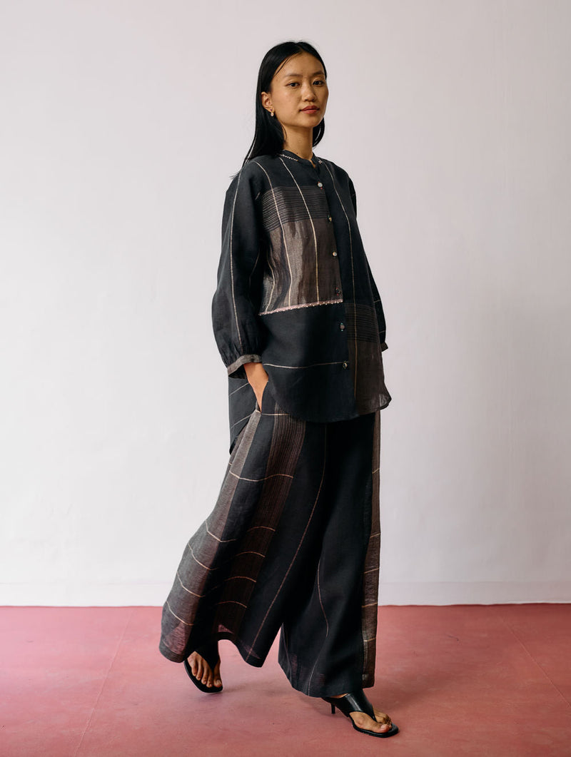 Rin Metallic Linen Co-ord-Charcoal linen co-ord set by Manan in black for women in Singapore