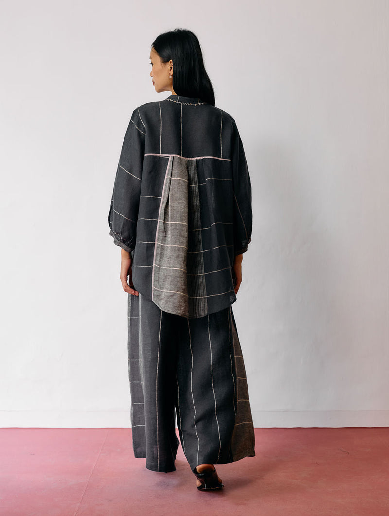 Rin Metallic Linen Shirt-Charcoal linen top/shirt by Manan in black for women in Singapore