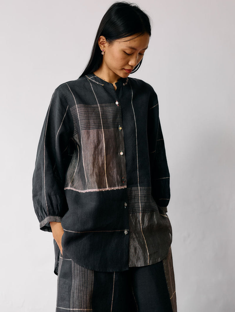 Rin Metallic Linen Shirt-Charcoal linen top/shirt by Manan in black for women in Singapore