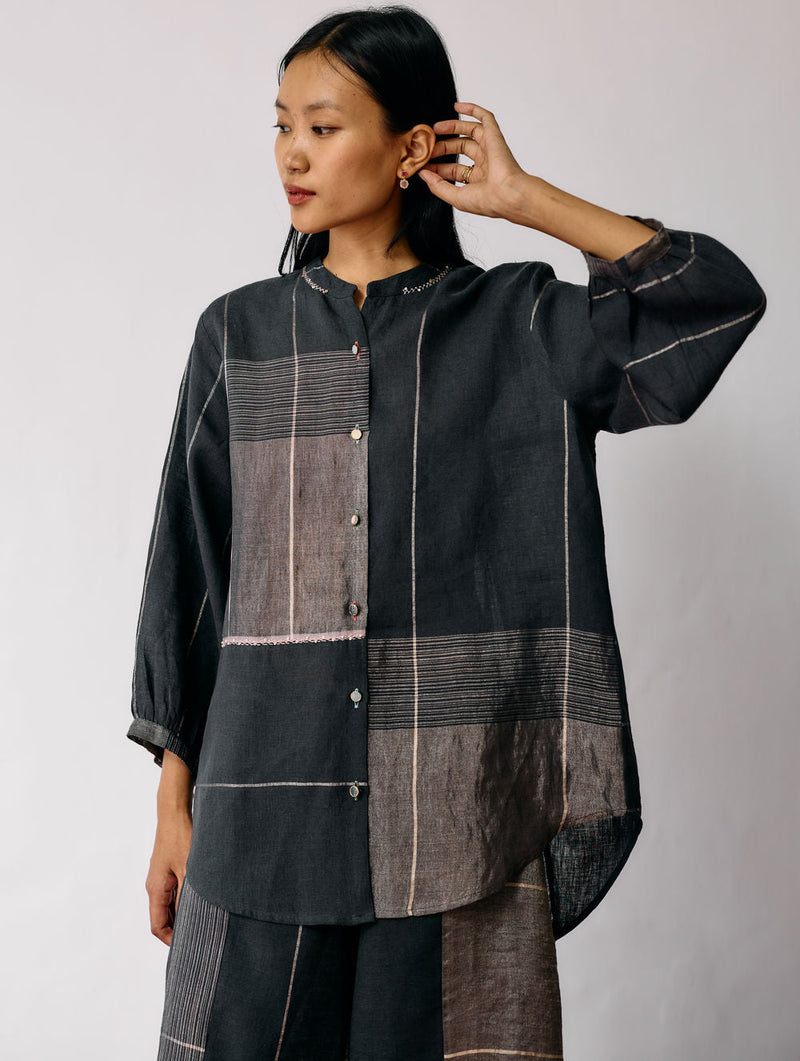 Rin Metallic Linen Co-ord-Charcoal linen co-ord set by Manan in black for women in Singapore