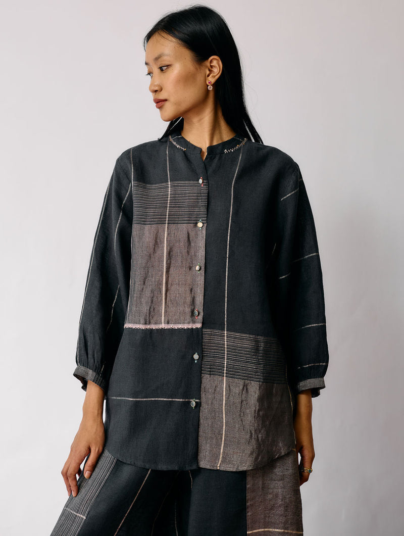 Rin Metallic Linen Shirt-Charcoal linen top/shirt by Manan in black for women in Singapore