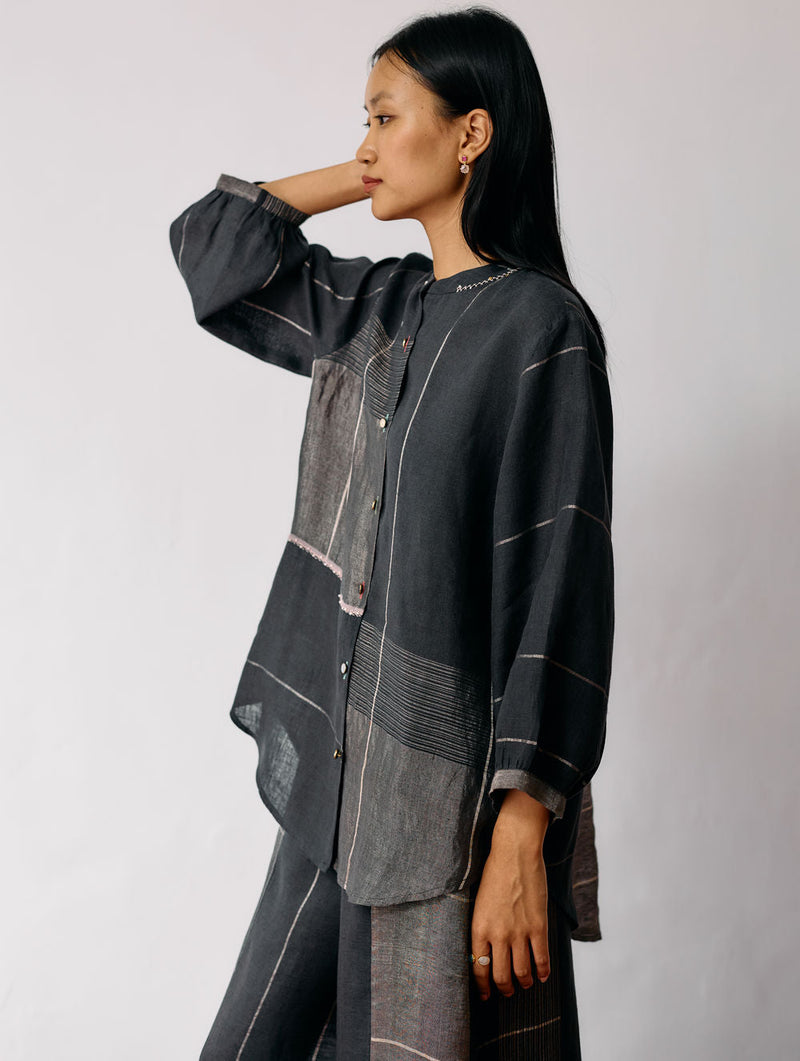 Rin Metallic Linen Shirt-Charcoal linen top/shirt by Manan in black for women in Singapore