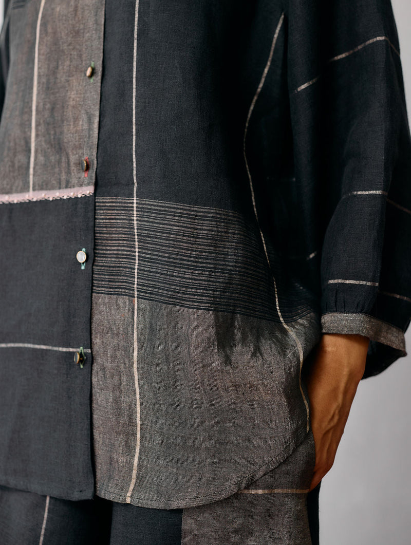 Rin Metallic Linen Co-ord-Charcoal linen co-ord set by Manan in black for women in Singapore