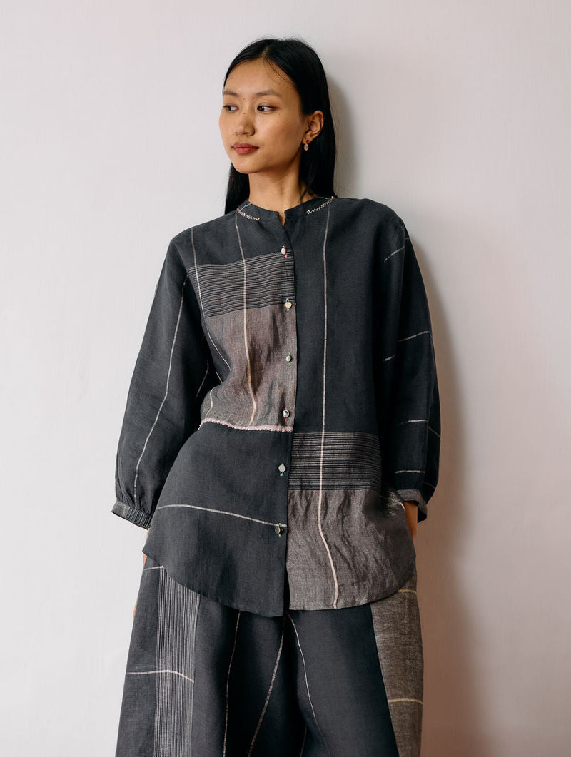 Rin Metallic Linen Shirt-Charcoal linen top/shirt by Manan in black for women in Singapore