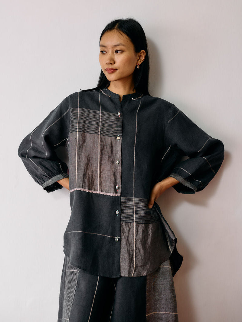 Rin Metallic Linen Shirt-Charcoal linen top/shirt by Manan in black for women in Singapore