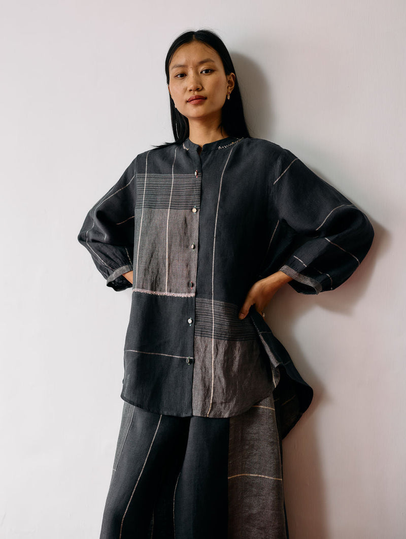 Rin Metallic Linen Shirt-Charcoal linen top/shirt by Manan in black for women in Singapore