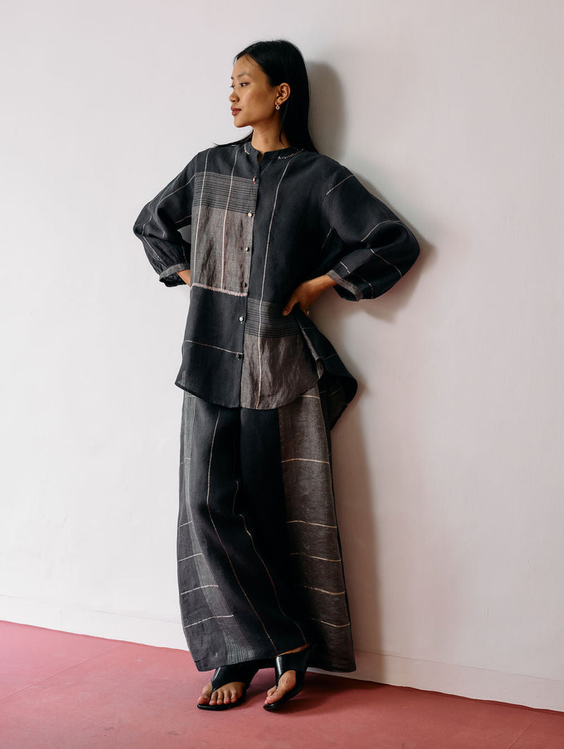 Sera Wide-Leg Metallic Linen Pants-Charcoal linen pant/trousers by Manan in black for women in Singapore