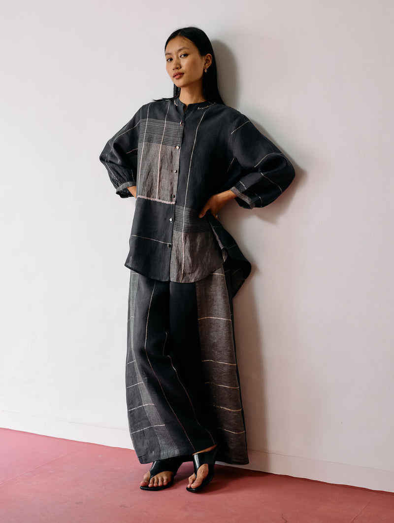 Rin Metallic Linen Co-ord-Charcoal linen co-ord set by Manan in black for women in Singapore