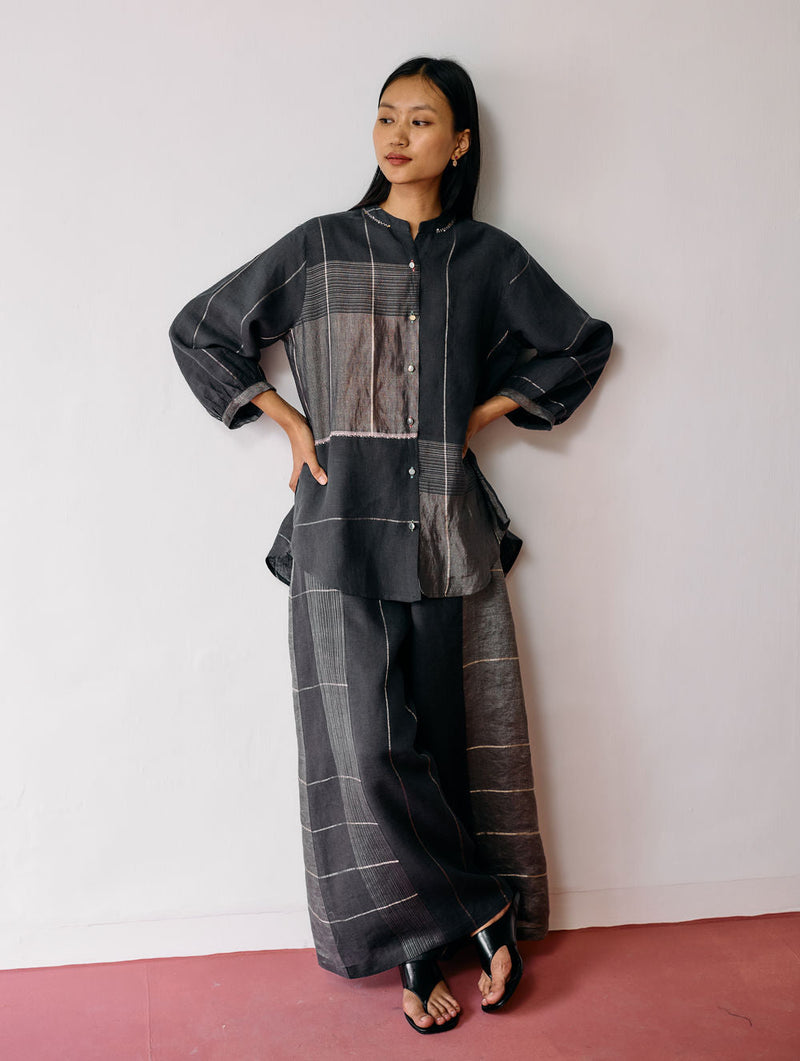 Rin Metallic Linen Shirt-Charcoal linen top/shirt by Manan in black for women in Singapore