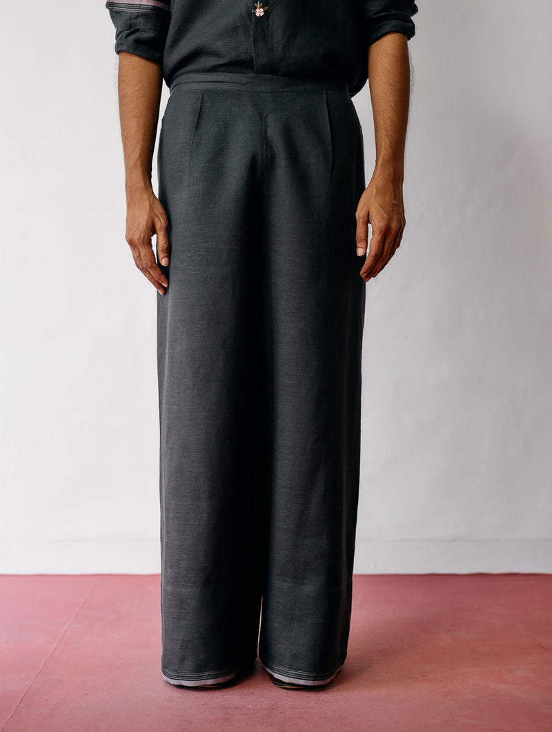 Rin Linen Pants-Charcoal linen pant/trouser by Manan Men in charcoal for men in Singapore