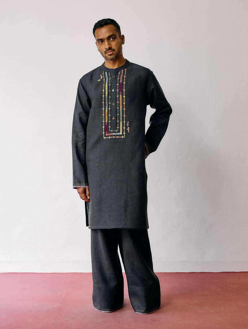 Keta Hand-Embroidered Linen Kurta Set-Charcoal linen kurta/kurta set by Manan Men in charcoal for men in Singapore