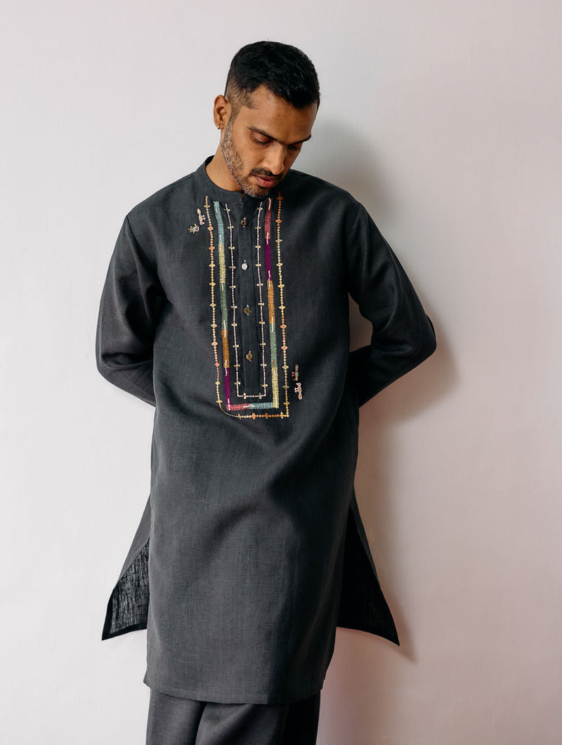 Keta Hand-Embroidered Linen Kurta Set-Charcoal linen kurta/kurta set by Manan Men in charcoal for men in Singapore