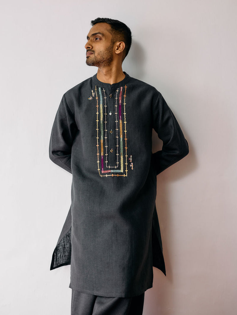 Keta Hand-Embroidered Linen Kurta Set-Charcoal linen kurta/kurta set by Manan Men in charcoal for men in Singapore