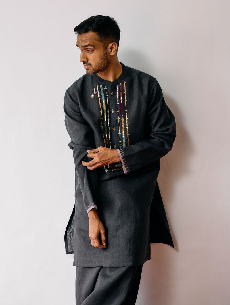 Keta Hand-Embroidered Linen Kurta-Charcoal linen kurta/kurta set by Manan Men in charcoal for men in Singapore
