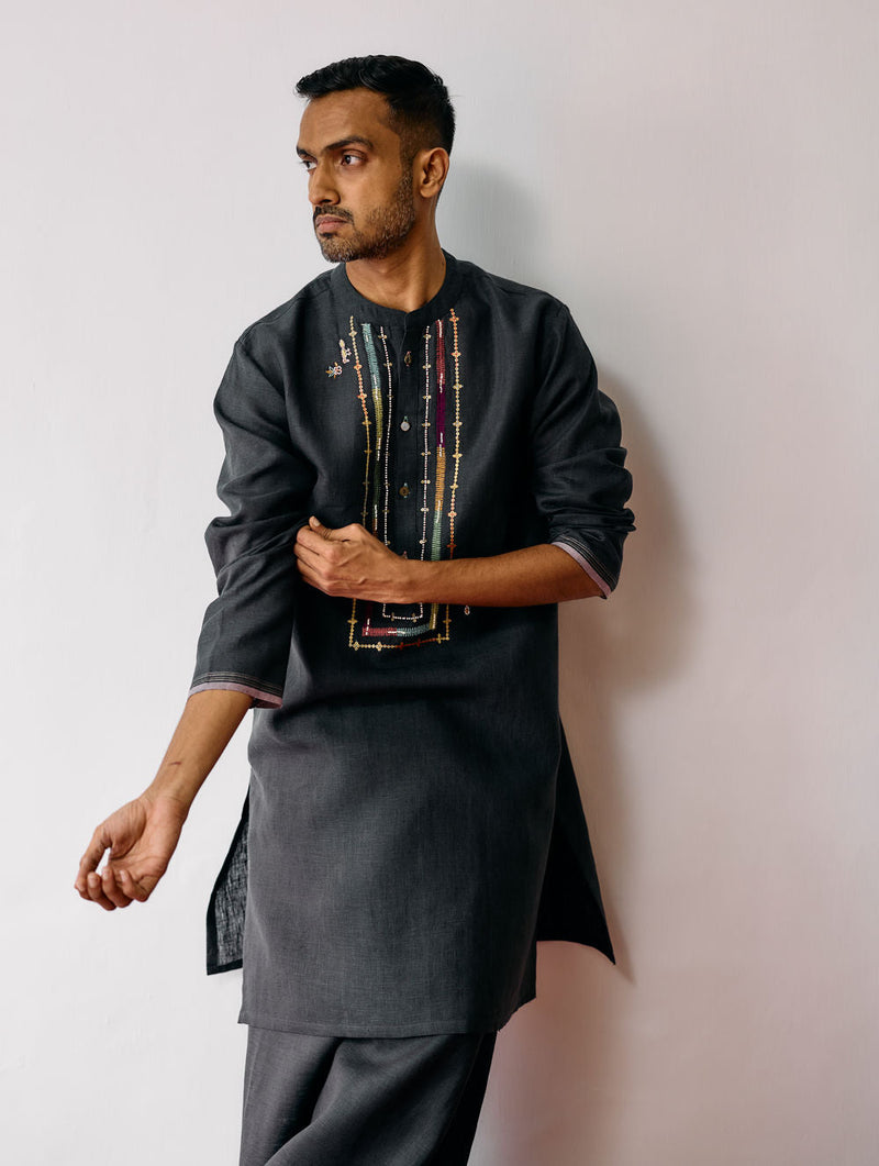 Keta Hand-Embroidered Linen Kurta Set-Charcoal linen kurta/kurta set by Manan Men in charcoal for men in Singapore