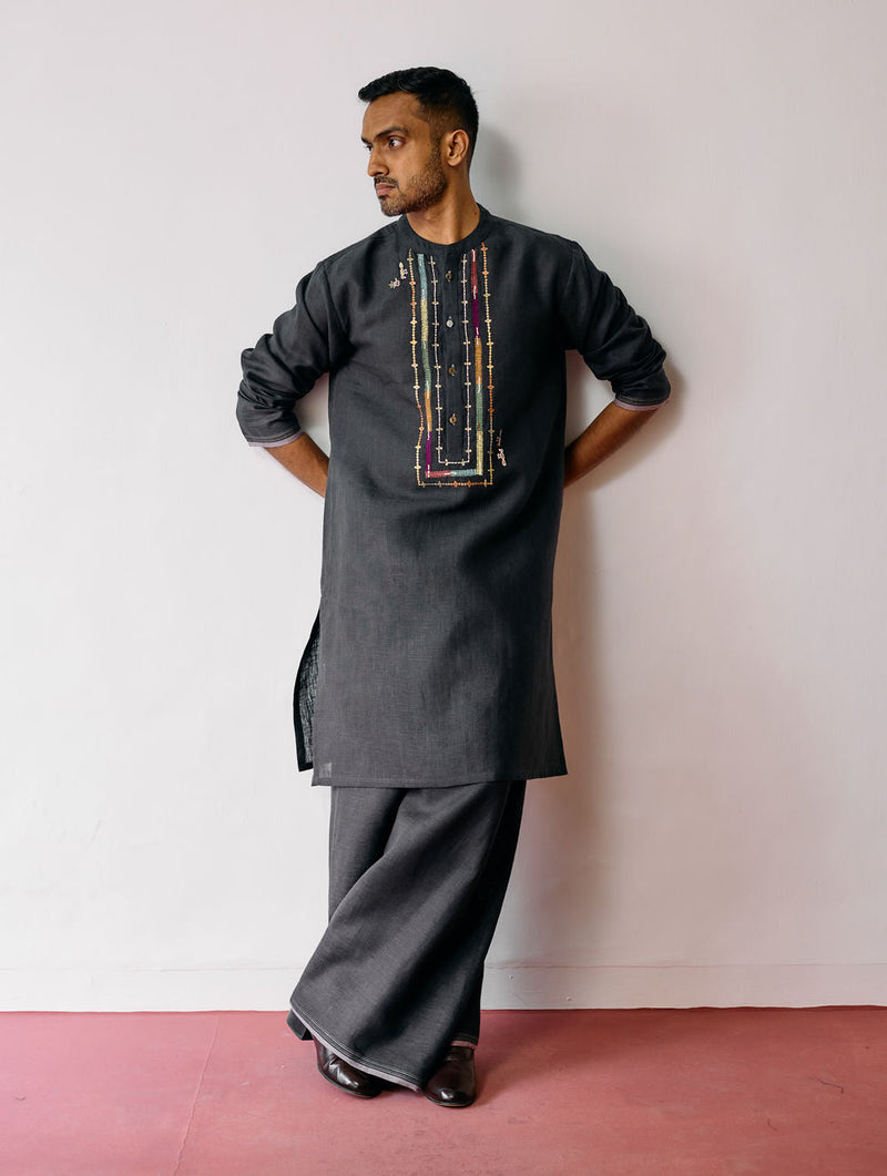 Keta Hand-Embroidered Linen Kurta-Charcoal linen kurta/kurta set by Manan Men in charcoal for men in Singapore