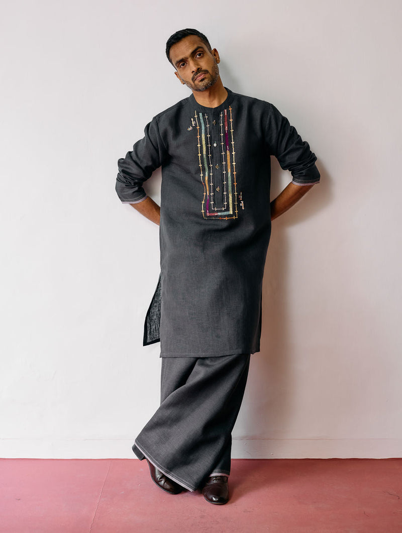 Keta Hand-Embroidered Linen Kurta Set-Charcoal linen kurta/kurta set by Manan Men in charcoal for men in Singapore