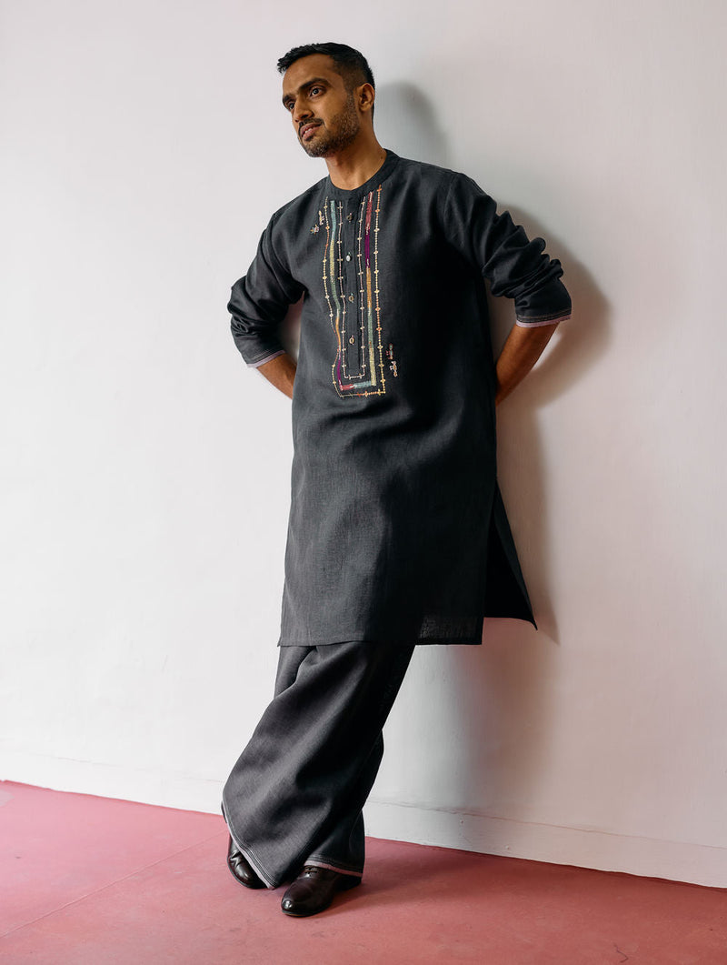 Keta Hand-Embroidered Linen Kurta Set-Charcoal linen kurta/kurta set by Manan Men in charcoal for men in Singapore