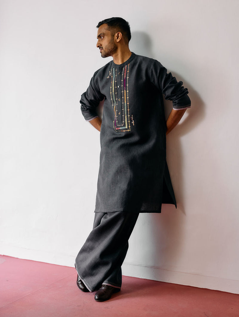 Keta Hand-Embroidered Linen Kurta-Charcoal linen kurta/kurta set by Manan Men in charcoal for men in Singapore