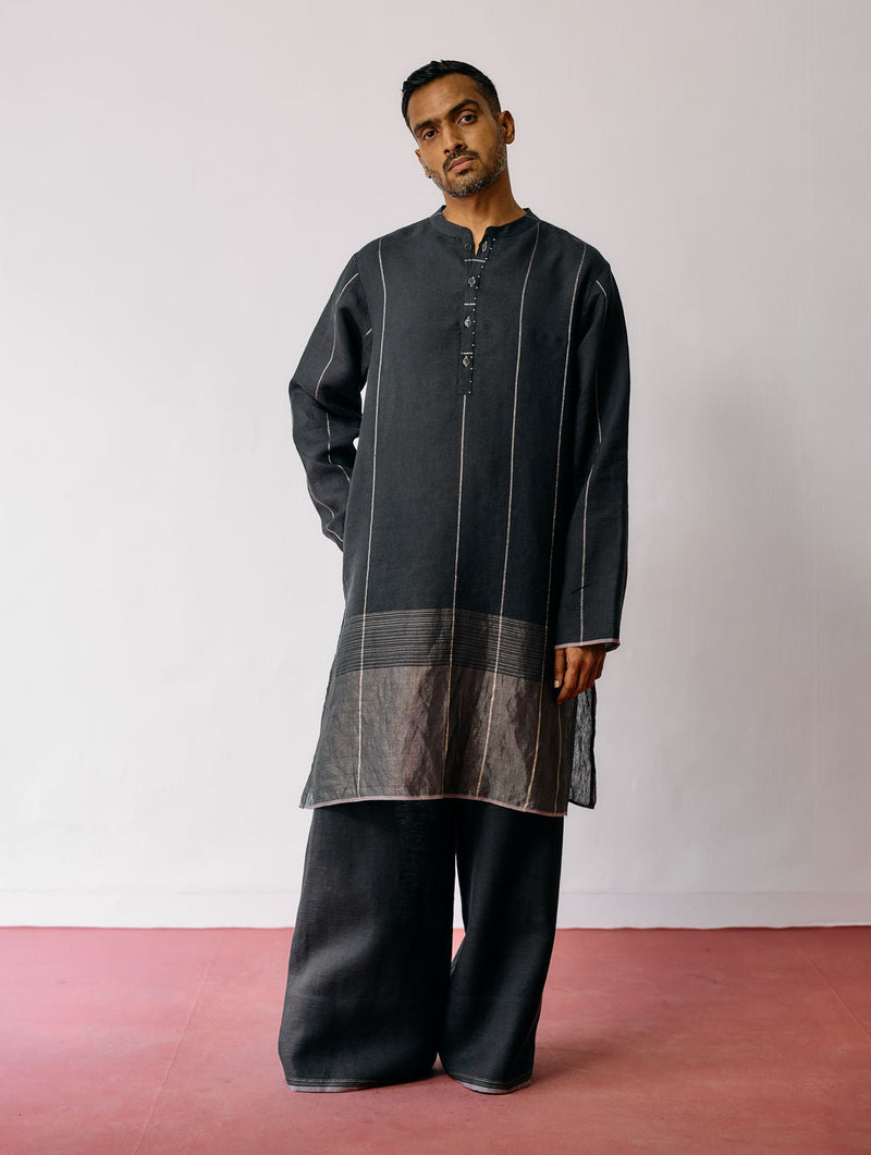 Jawahar Metallic Linen Kurta Set-Charcoal linen kurta/kurta set by Manan Men in charcoal for men in Singapore