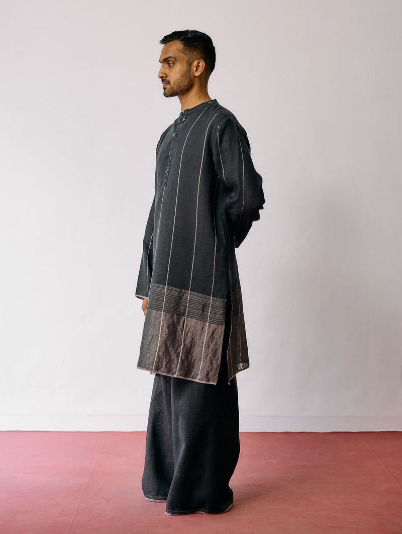Jawahar Metallic Linen Kurta Set-Charcoal linen kurta/kurta set by Manan Men in charcoal for men in Singapore