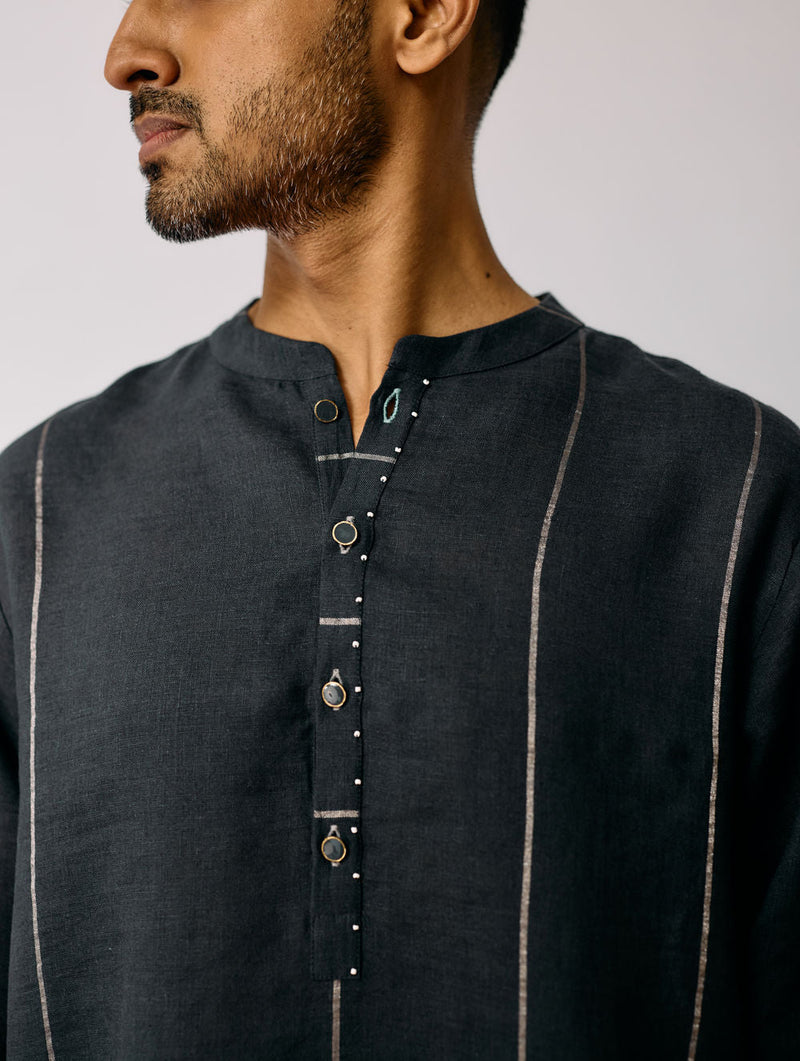 Jawahar Metallic Linen Kurta Set-Charcoal linen kurta/kurta set by Manan Men in charcoal for men in Singapore