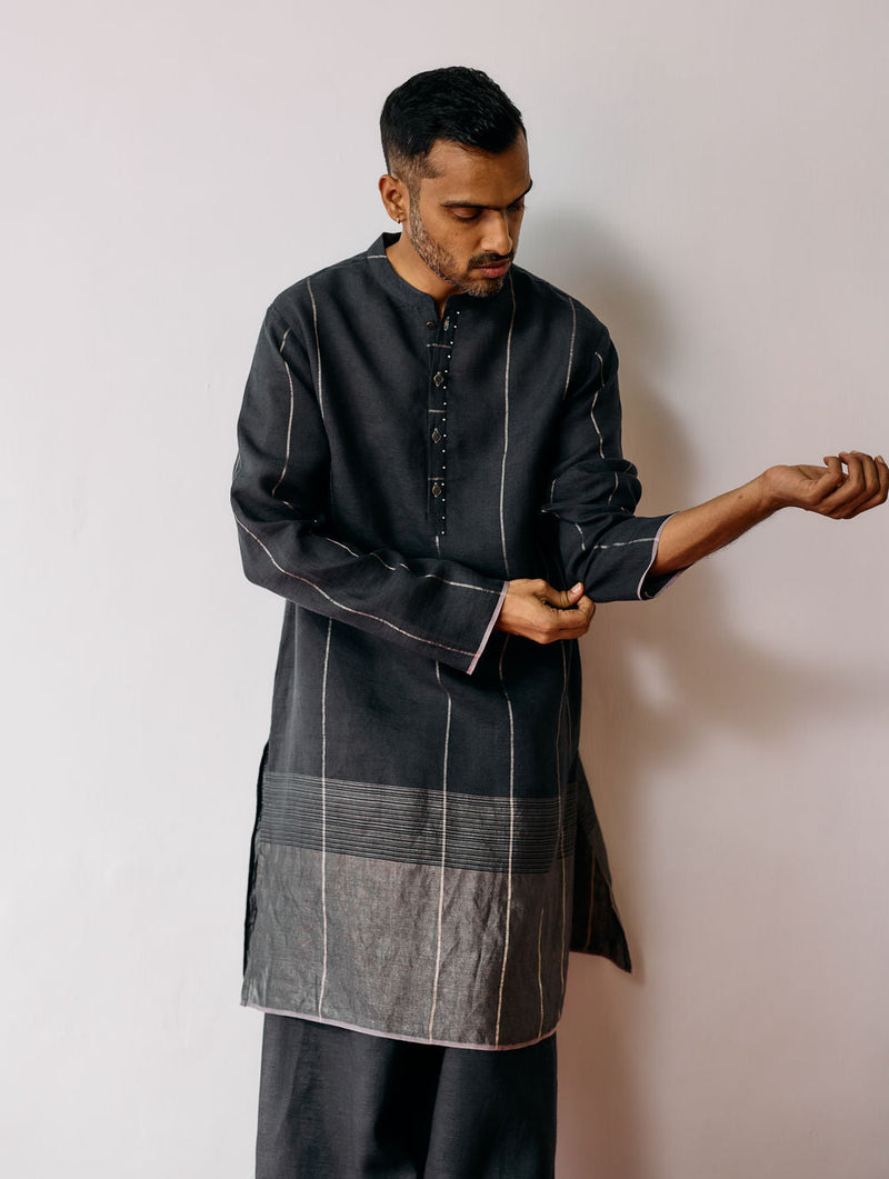 Jawahar Metallic Linen Kurta Set-Charcoal linen kurta/kurta set by Manan Men in charcoal for men in Singapore
