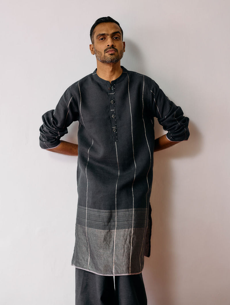 Jawahar Metallic Linen Kurta Set-Charcoal linen kurta/kurta set by Manan Men in charcoal for men in Singapore