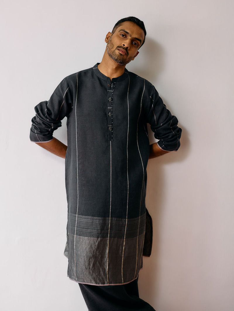 Jawahar Metallic Linen Kurta Set-Charcoal linen kurta/kurta set by Manan Men in charcoal for men in Singapore