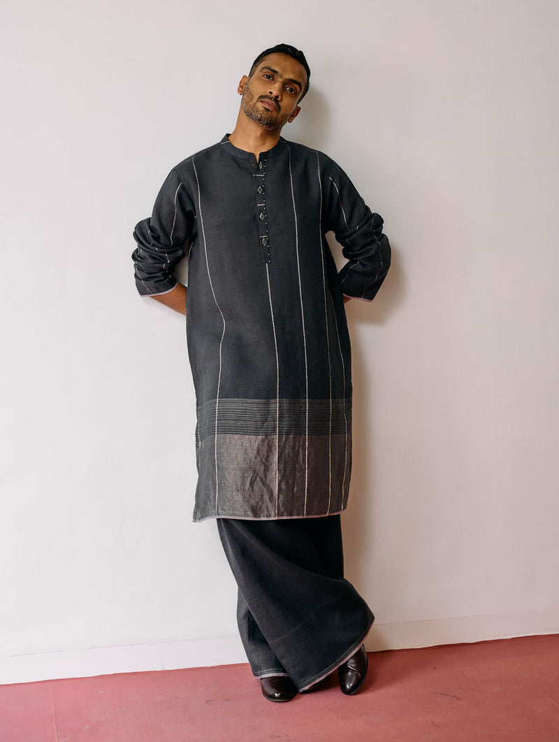 Jawahar Metallic Linen Kurta Set-Charcoal linen kurta/kurta set by Manan Men in charcoal for men in Singapore