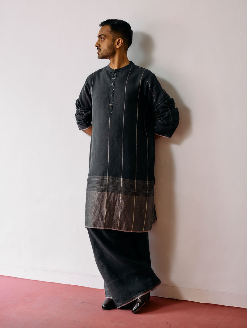 Jawahar Metallic Linen Kurta-Charcoal linen kurta/kurta set by Manan Men in charcoal for men in Singapore