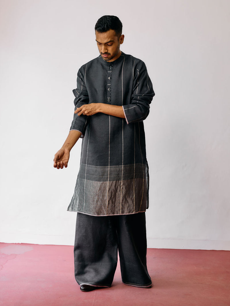 Jawahar Metallic Linen Kurta-Charcoal linen kurta/kurta set by Manan Men in charcoal for men in Singapore