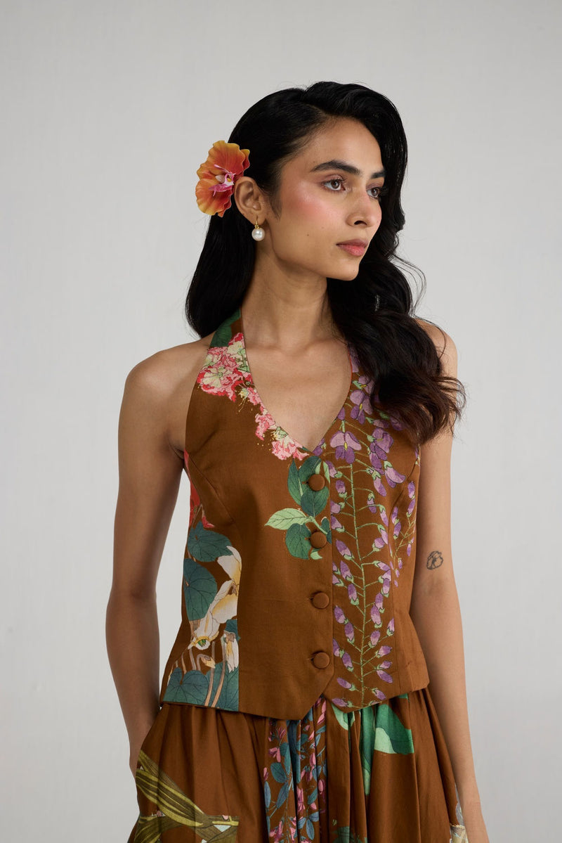 Emi Halterneck Waistcoat & Skirt Set co-ord set by YAM-ORIENTAL GARDEN SEP'26 for women in Singapore