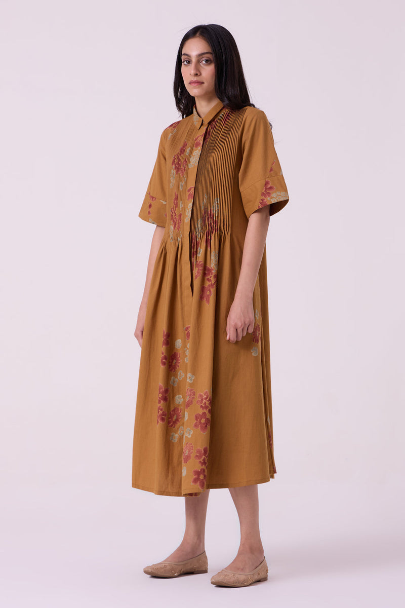 Minerva Floral Hand Printed Midi Dress hand block printed handwoven khadi x cotton dress by The Summer House in brown for women in Singapore