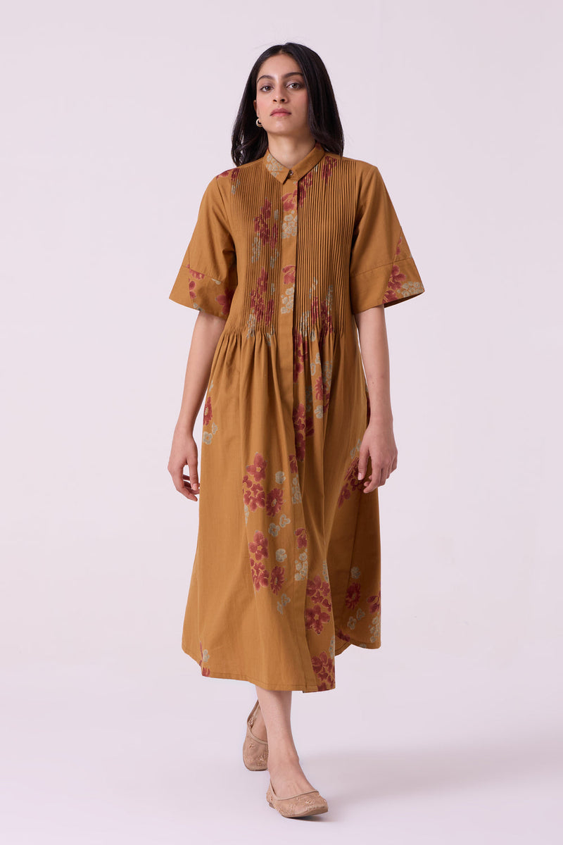 Minerva Floral Hand Printed Midi Dress hand block printed handwoven khadi x cotton dress by The Summer House in brown for women in Singapore