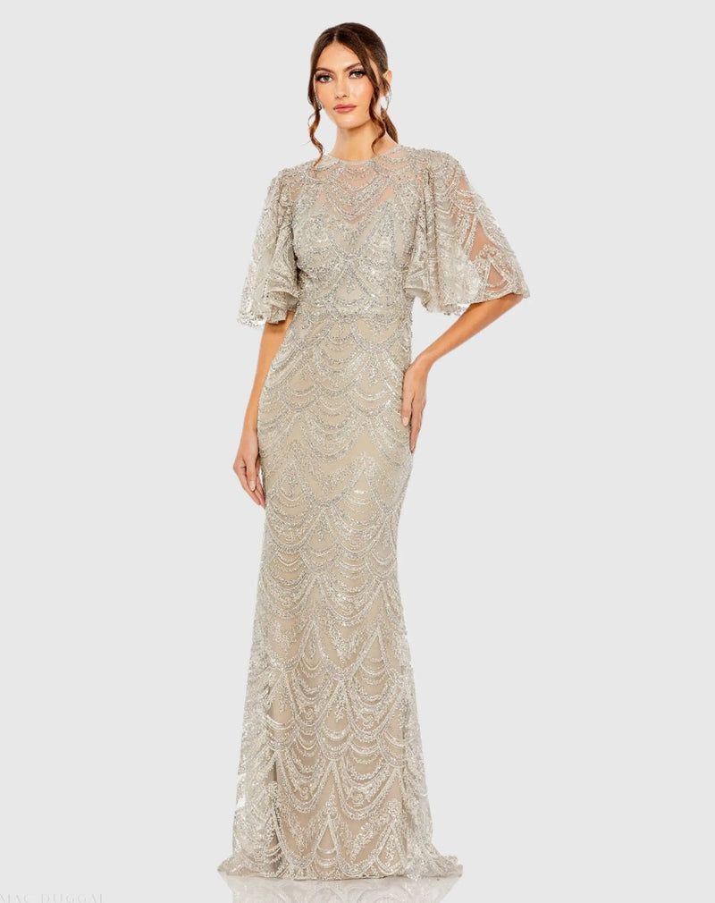 20481-Beige and Silver Flutter Sleeve High Neck Gown polyester evening gowns by Mac Duggal in beige for women in Singapore