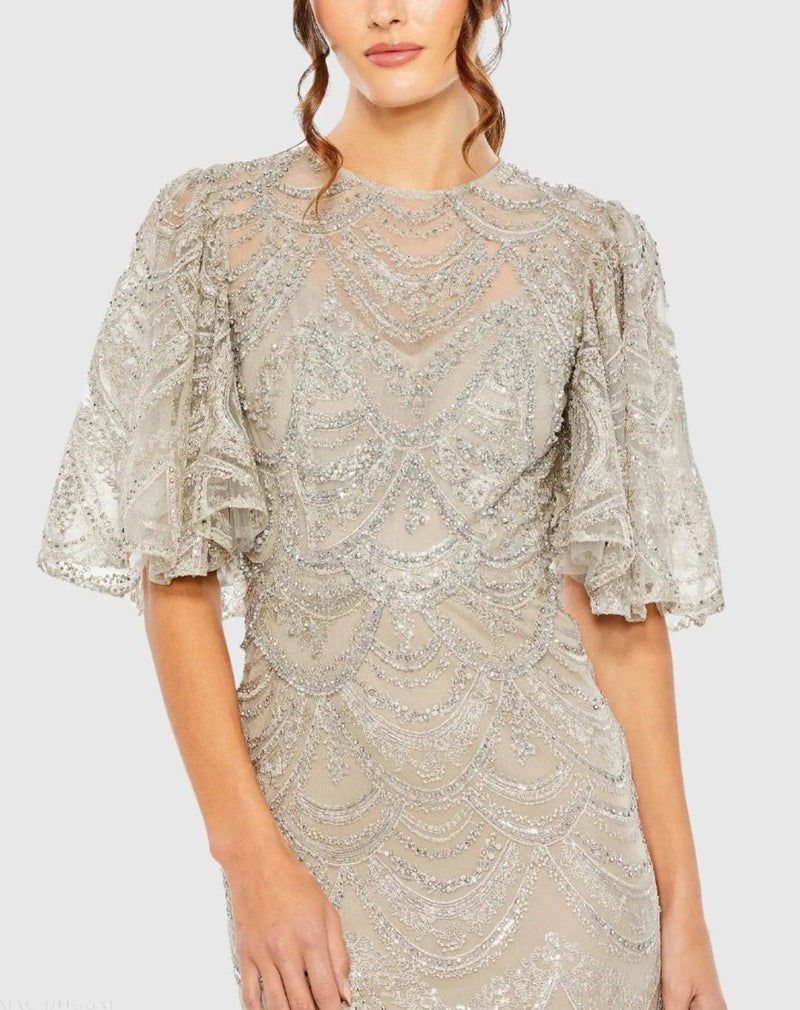 20481-Beige and Silver Flutter Sleeve High Neck Gown polyester evening gowns by Mac Duggal in beige for women in Singapore