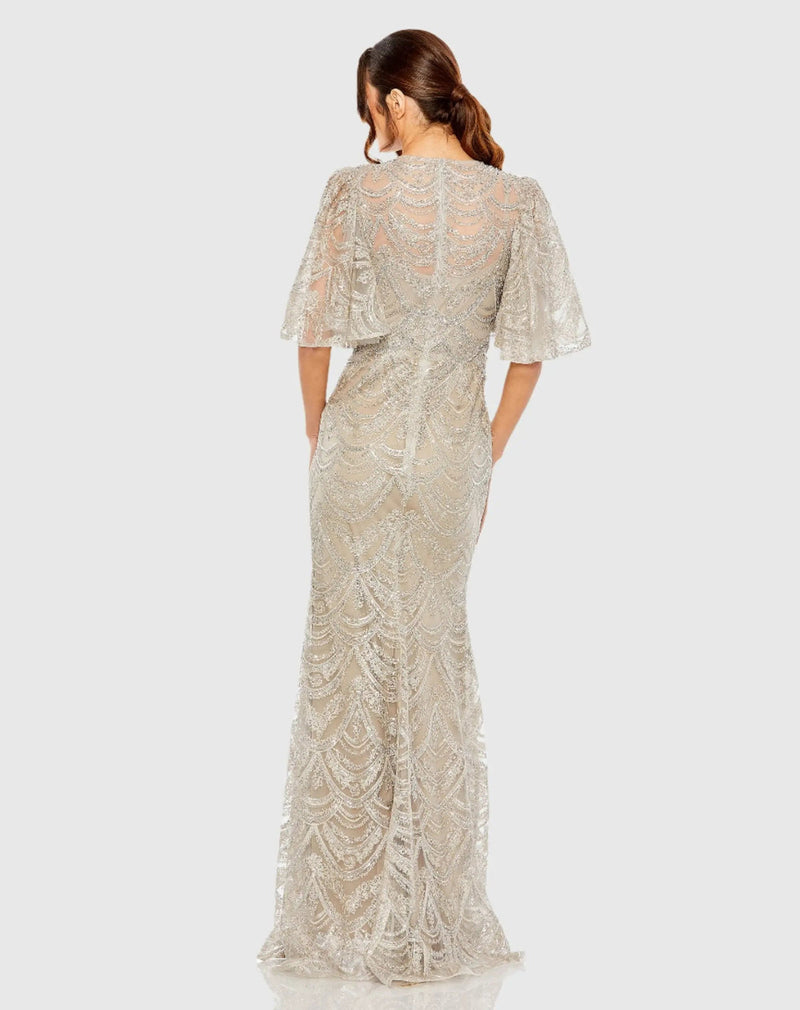 20481-Beige and Silver Flutter Sleeve High Neck Gown polyester evening gowns by Mac Duggal in beige for women in Singapore