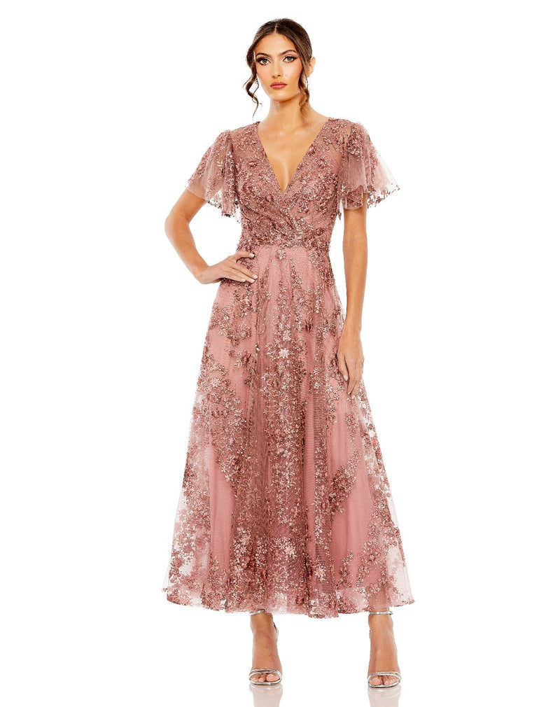 20486-Pink Embroidered Flutter Sleeve A-Line Dress by Mac Duggal in mauve color for women in Singapore