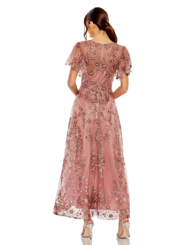 20486-Pink Embroidered Flutter Sleeve A-Line Dress by Mac Duggal in mauve color for women in Singapore