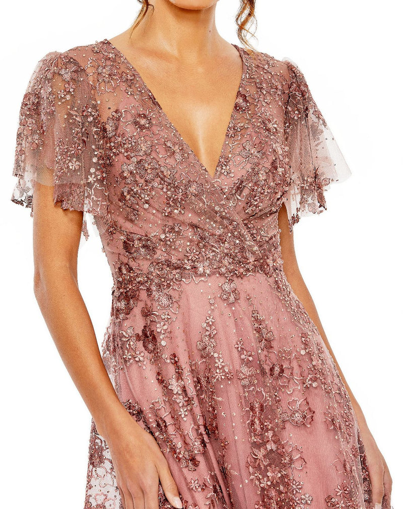 20486-Pink Embroidered Flutter Sleeve A-Line Dress by Mac Duggal in mauve color for women in Singapore